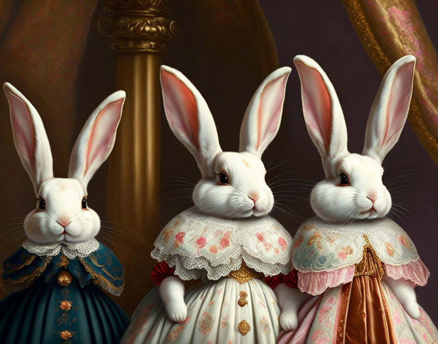 Three anthropomorphic rabbits in historical dresses posing elegantly