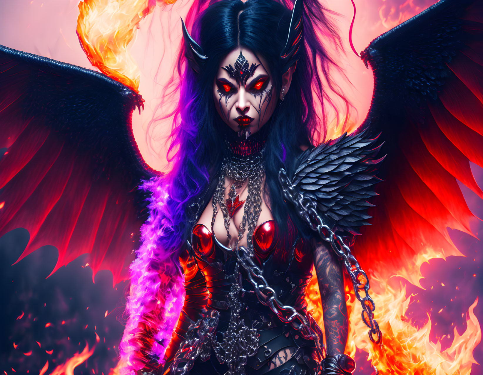 Dark Makeup and Red Eyes on Female Character with Fiery Wings and Black Armor