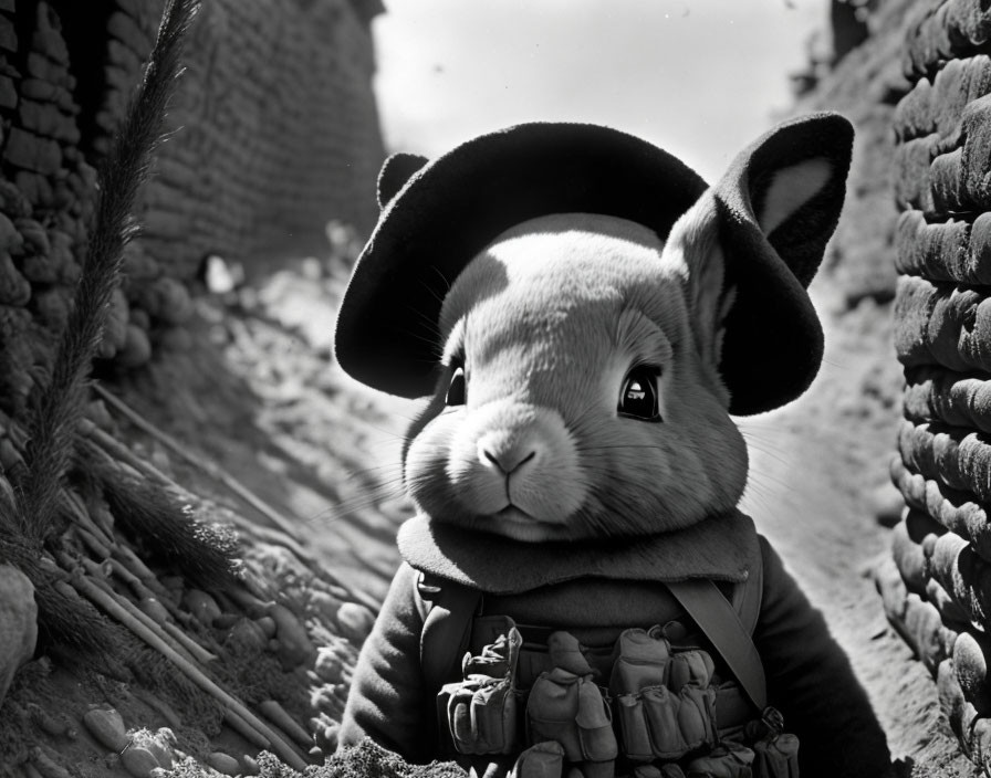 CGI-animated rabbit in blue jacket and beret with village backdrop