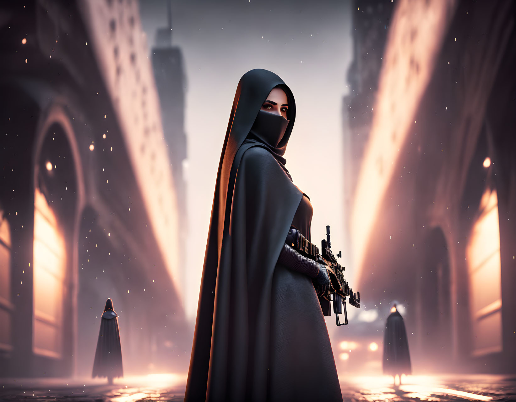 Cloaked figure with futuristic weapon in neo-gothic cityscape