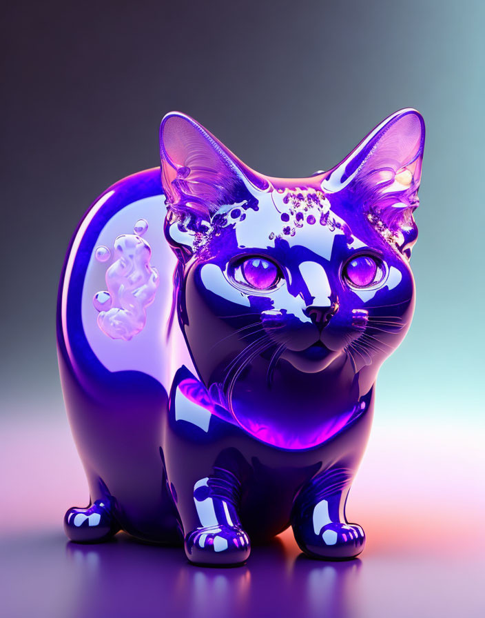 Purple Translucent 3D Cat Figure with Glowing Eyes on Gradient Background