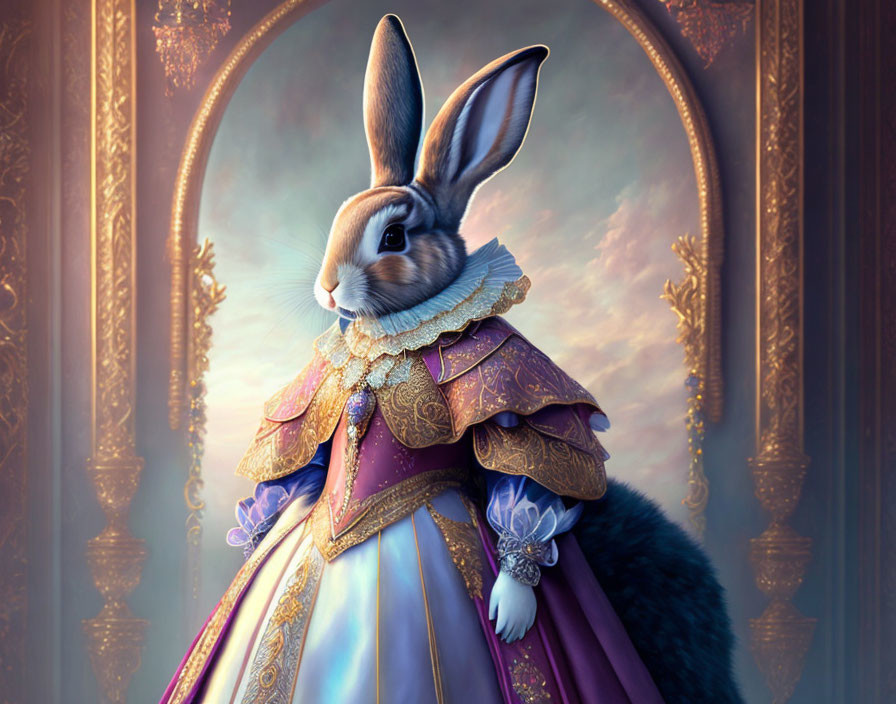 Regal rabbit in renaissance attire before grand mirror