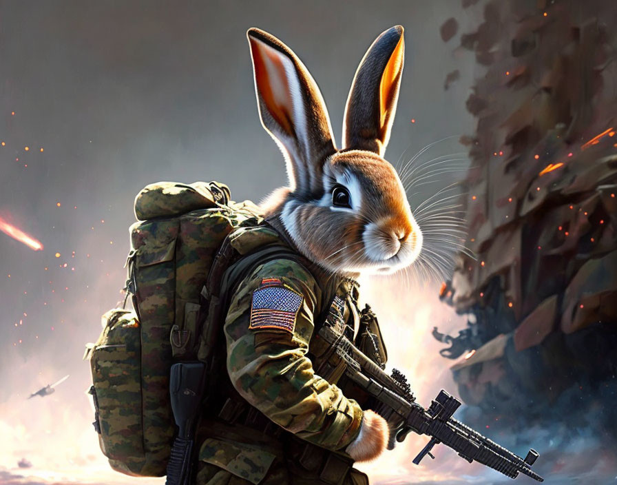 Anthropomorphic rabbit in military gear with explosion scene