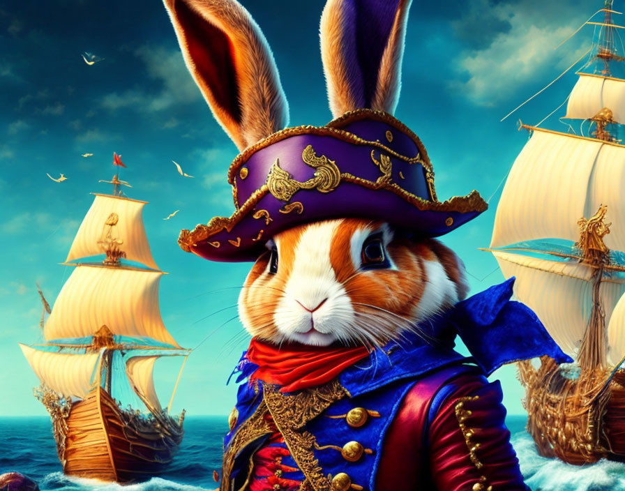 Stylized illustration of rabbit as naval captain with ornate clothing and tall ships on ocean background