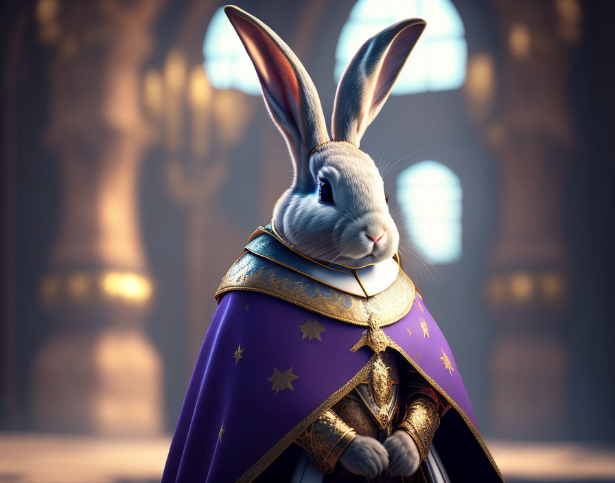 Regal anthropomorphic rabbit in purple cloak with stars in grand hall