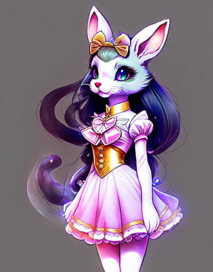 Stylized anthropomorphic female rabbit character with bow, wavy hair, fancy dress.