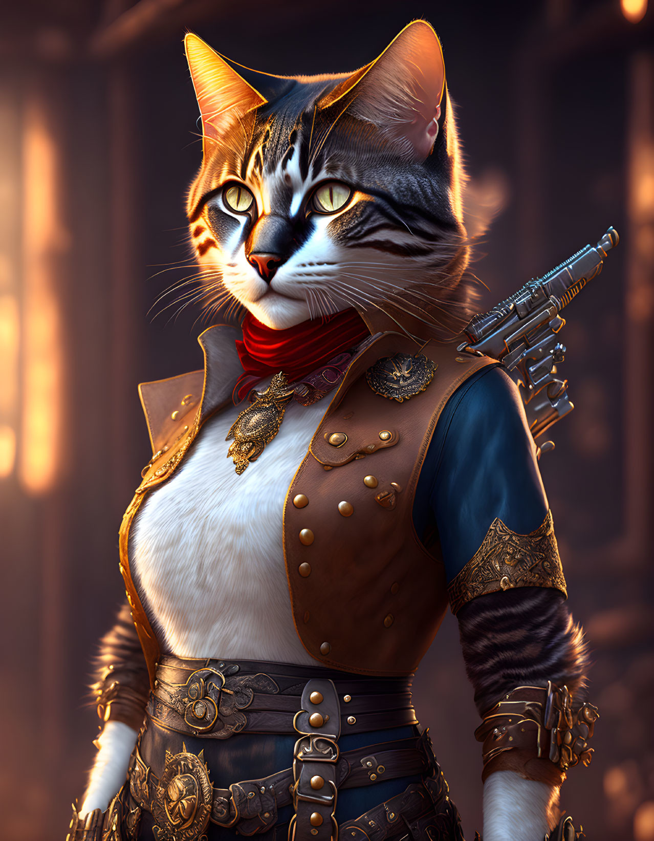 Detailed Steampunk Outfit on Stern Humanoid Cat