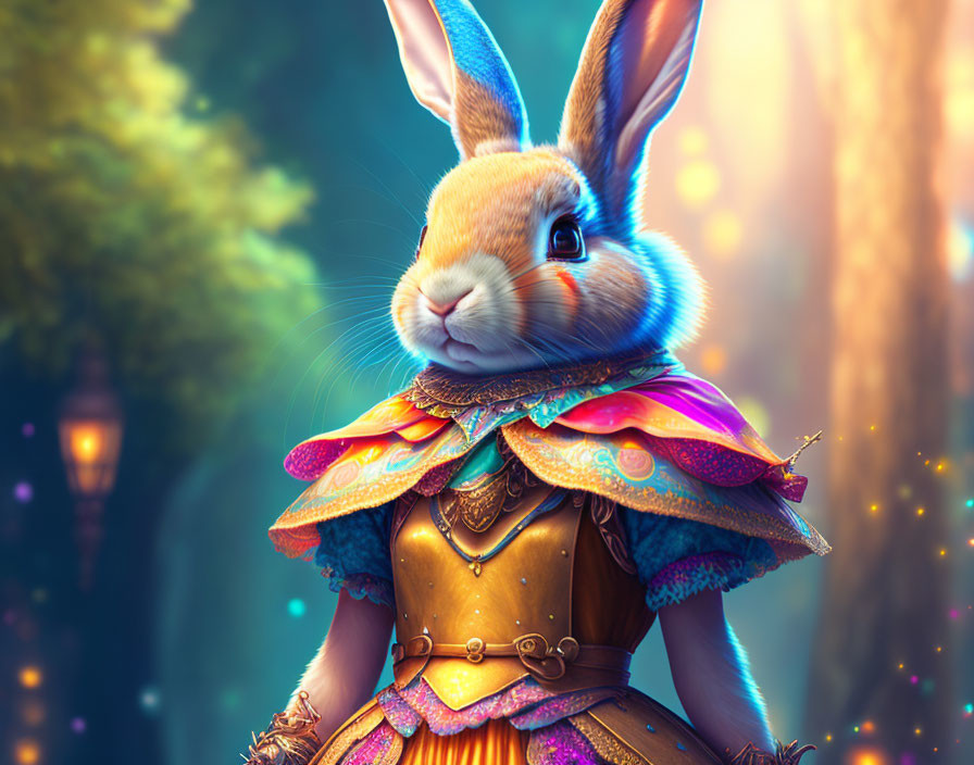 Colorful humanoid rabbit in ornate costume in magical forest