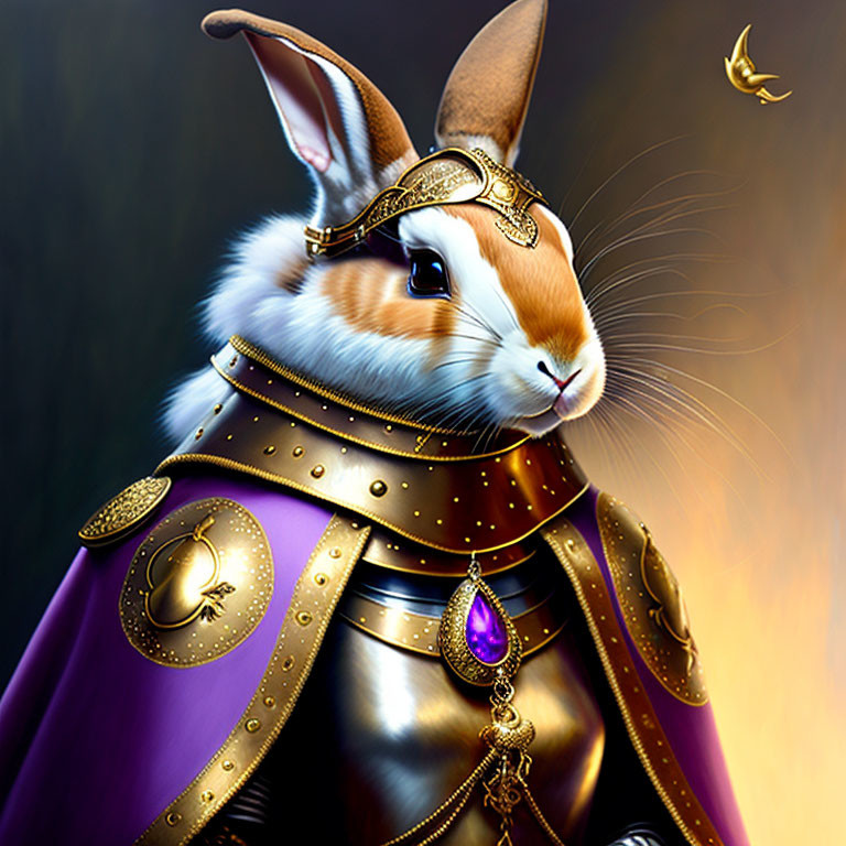 Majestic rabbit in royal purple robes and golden armor on dark background