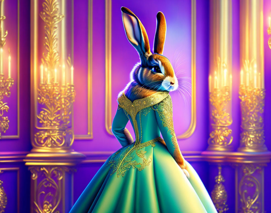 Elegant animated rabbit in green and gold dress in royal hall