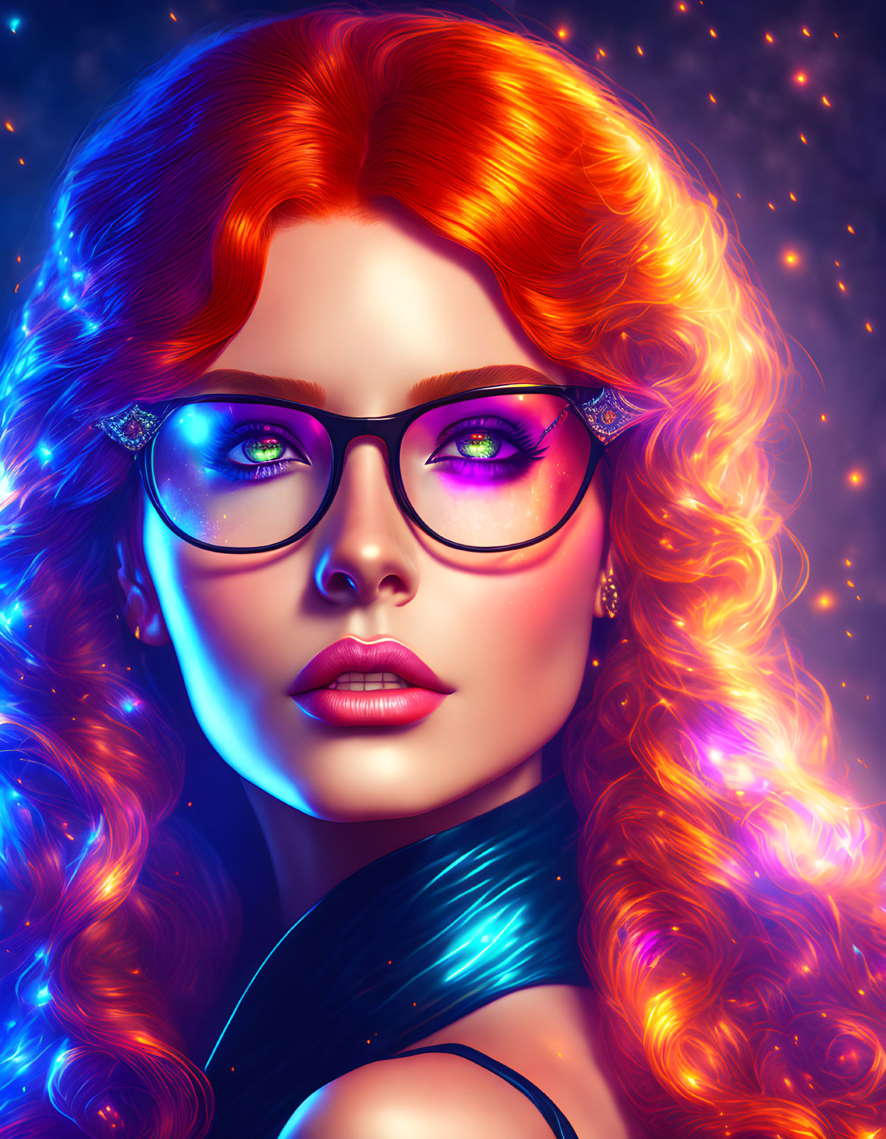 Vibrant red-haired woman with glasses on cosmic neon background