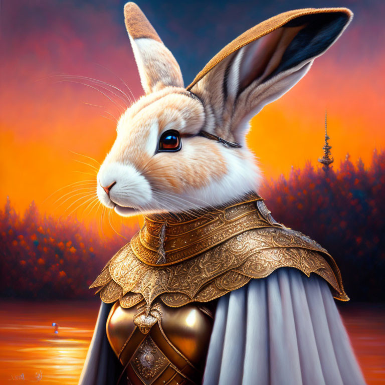 Rabbit portrait with gold armor and cape at fiery sunset