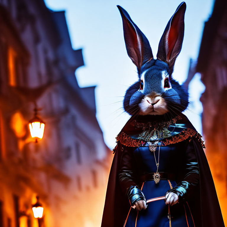 Person in Rabbit Mask Stands on Street at Dusk