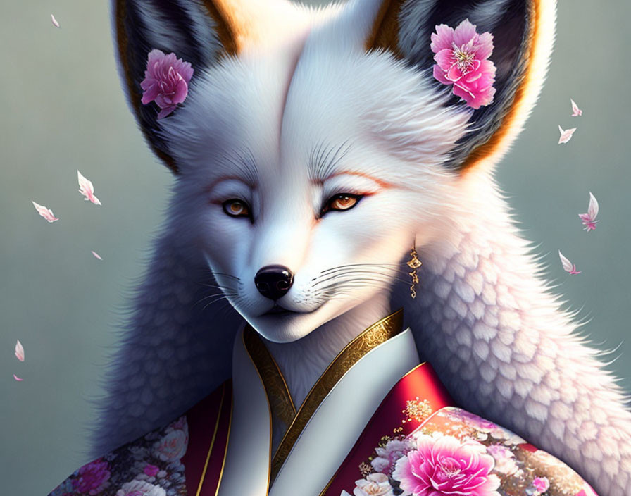 Anthropomorphic Fox in Japanese Attire with Falling Petals