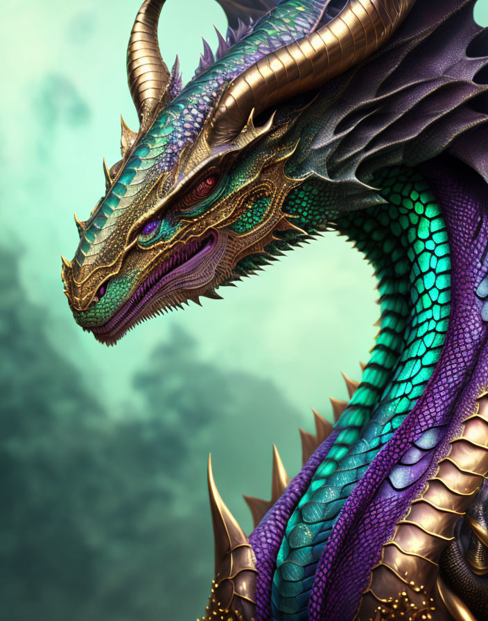 Colorful Dragon Artwork: Majestic purple, green, and gold scales against cloudy backdrop