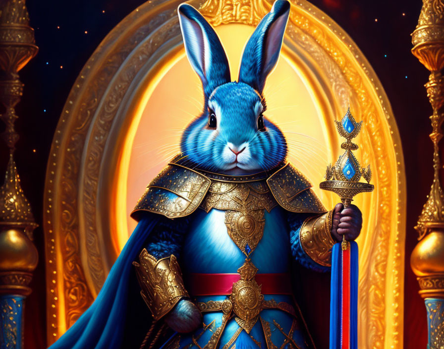 Anthropomorphic rabbit in ornate armor with scepter in glowing circular backdrop