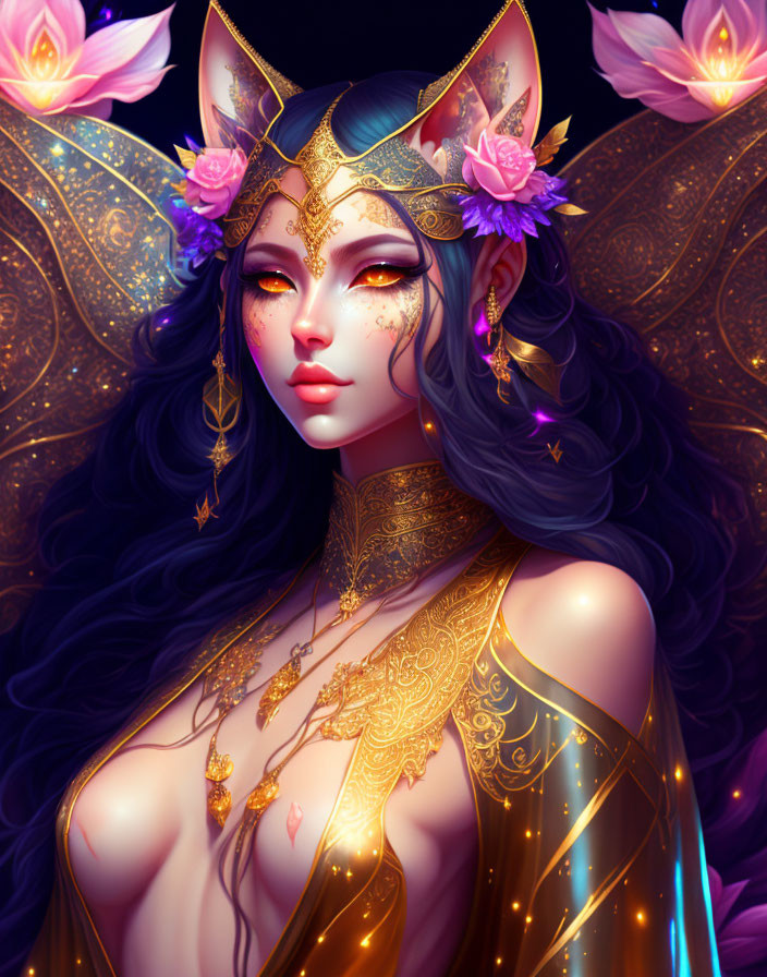 Mystical woman with elven ears and gold tattoos in digital art