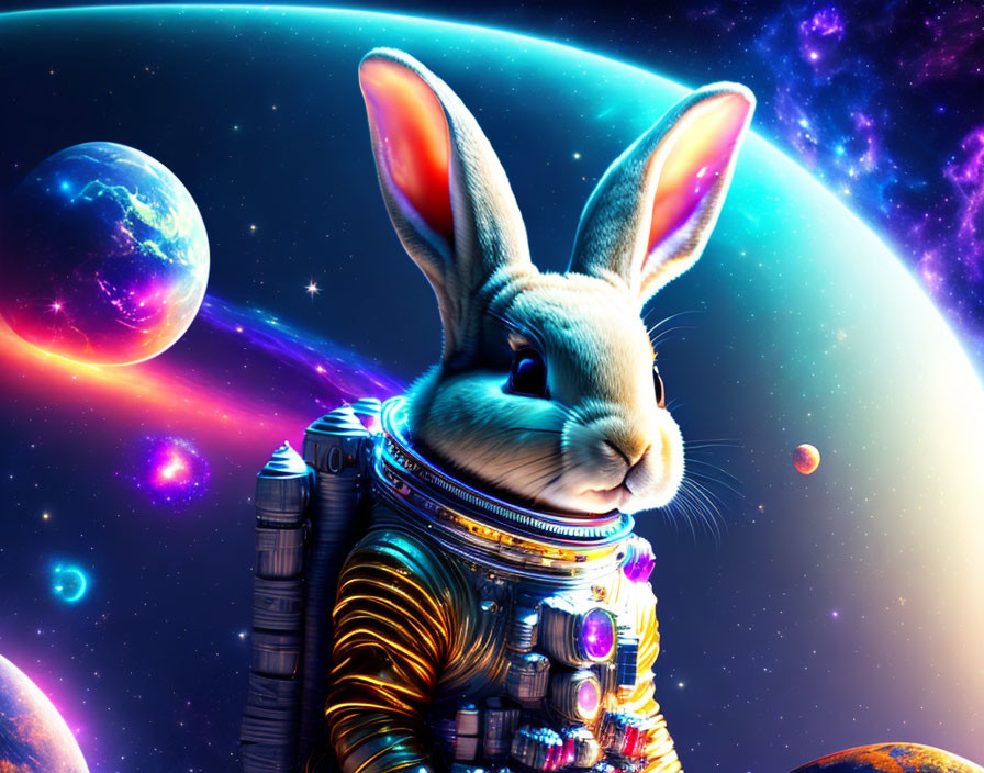 Rabbit in spacesuit with cosmic backdrop and galaxies