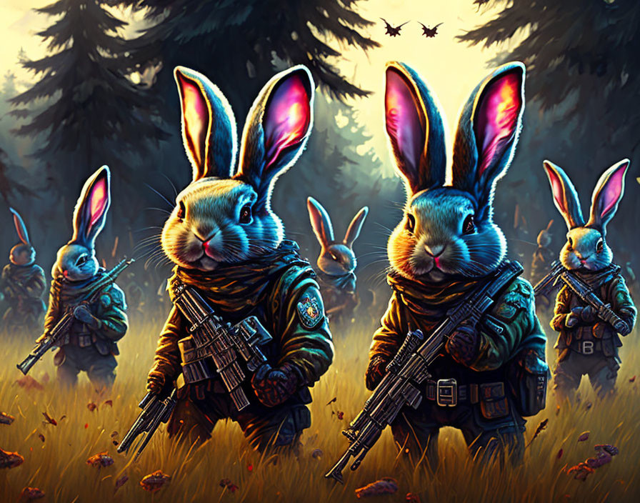 Anthropomorphic rabbits in military gear with rifles in forest clearing