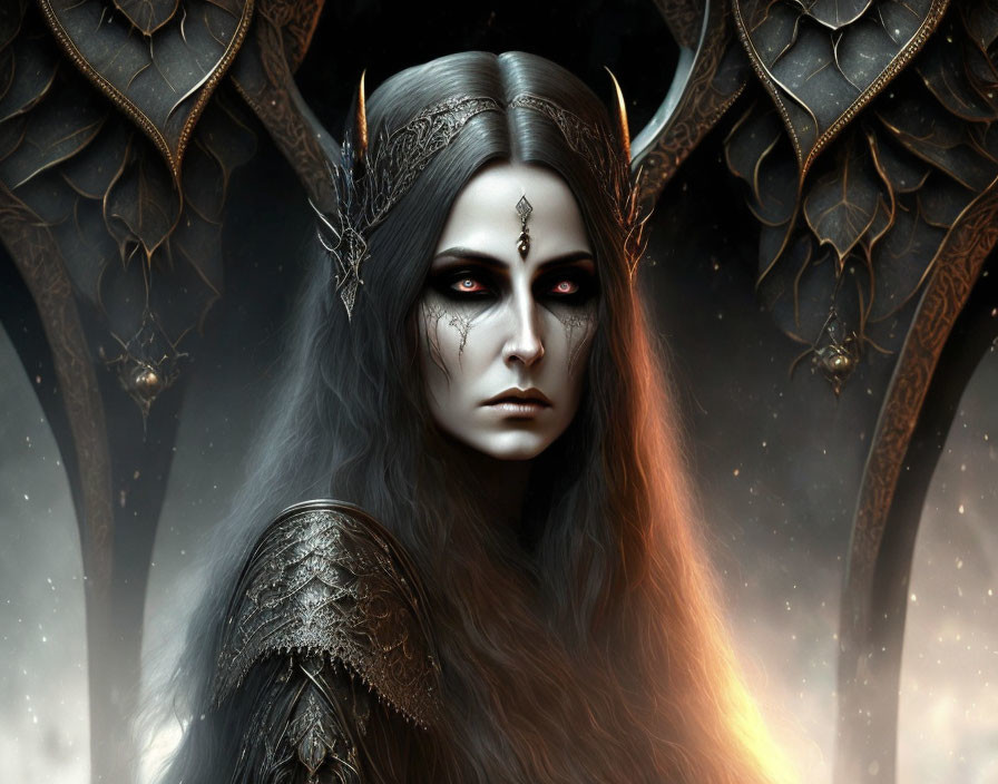 Dark-haired mystical female figure with intense eyes and ornate crown.