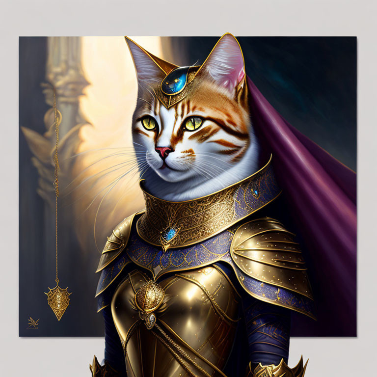 Regal cat in golden armor and blue cape with pendant and gemstone crown