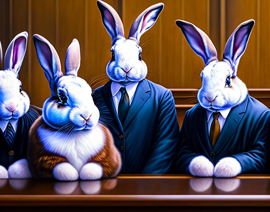 Anthropomorphic rabbits in business suits on wooden background