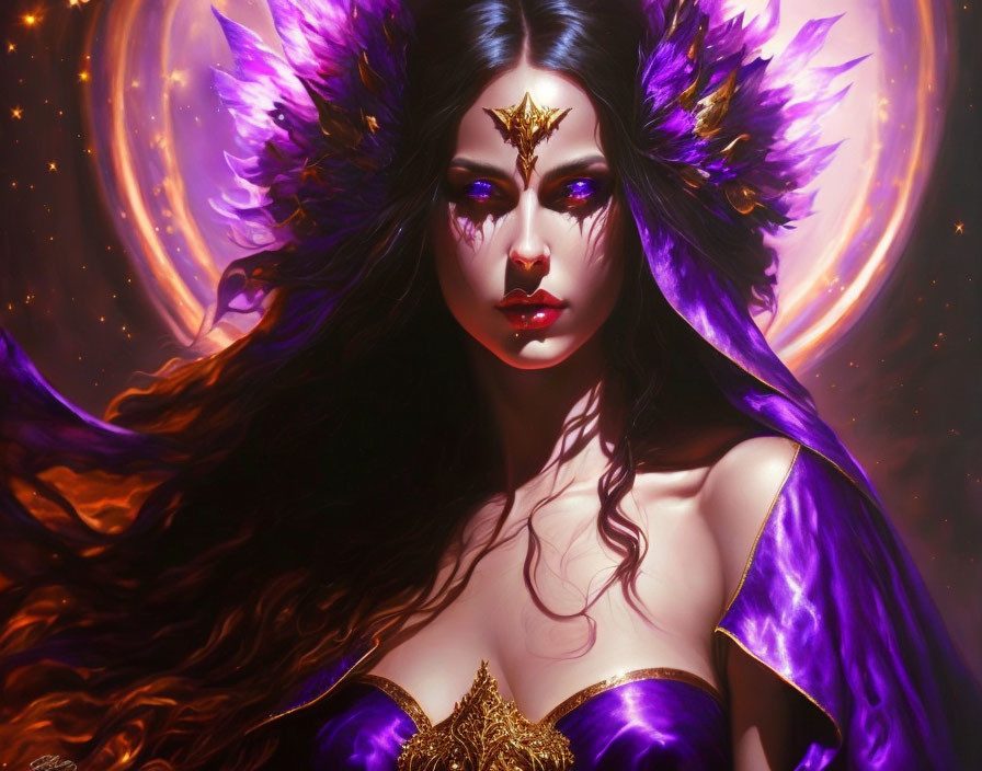 Fantasy digital artwork of a woman with purple feathered shoulders, golden tiara, red hair,