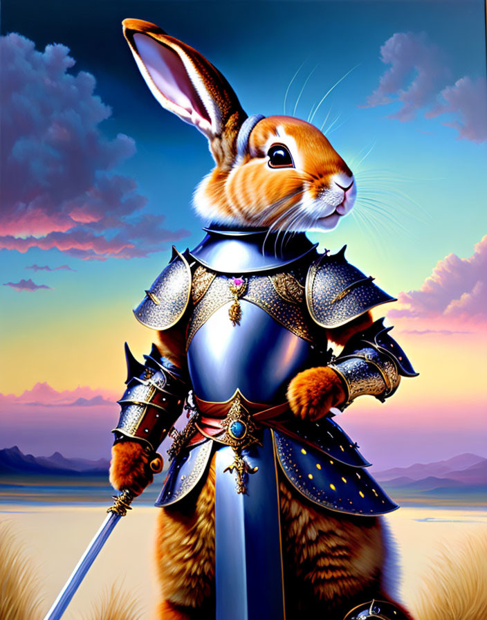 Anthropomorphic rabbit in medieval armor with spear under twilight sky