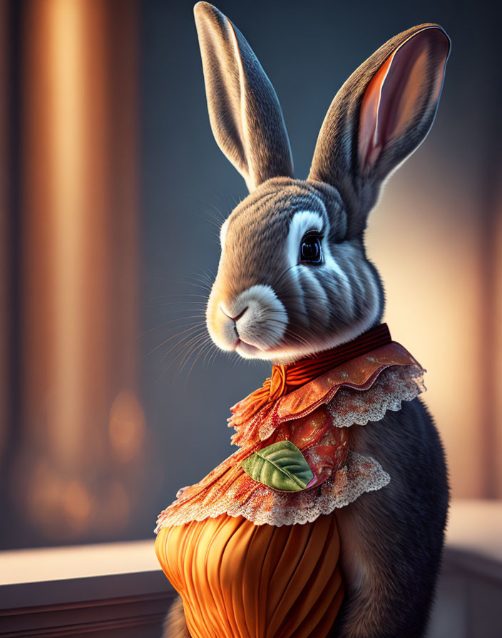 Anthropomorphic rabbit in elegant orange collar with leaf detail