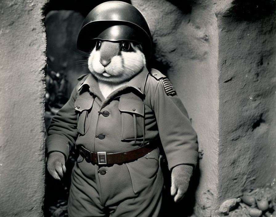 Rabbit with human body in military uniform and helmet in narrow trench corridor