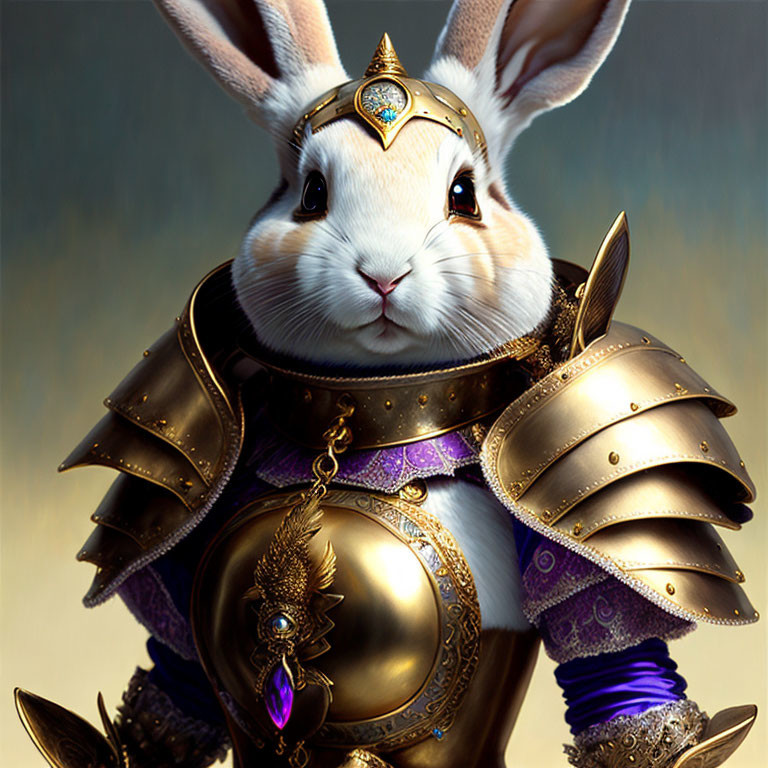 Fantasy armor-clad rabbit with regal attire and jewel-encrusted headpiece