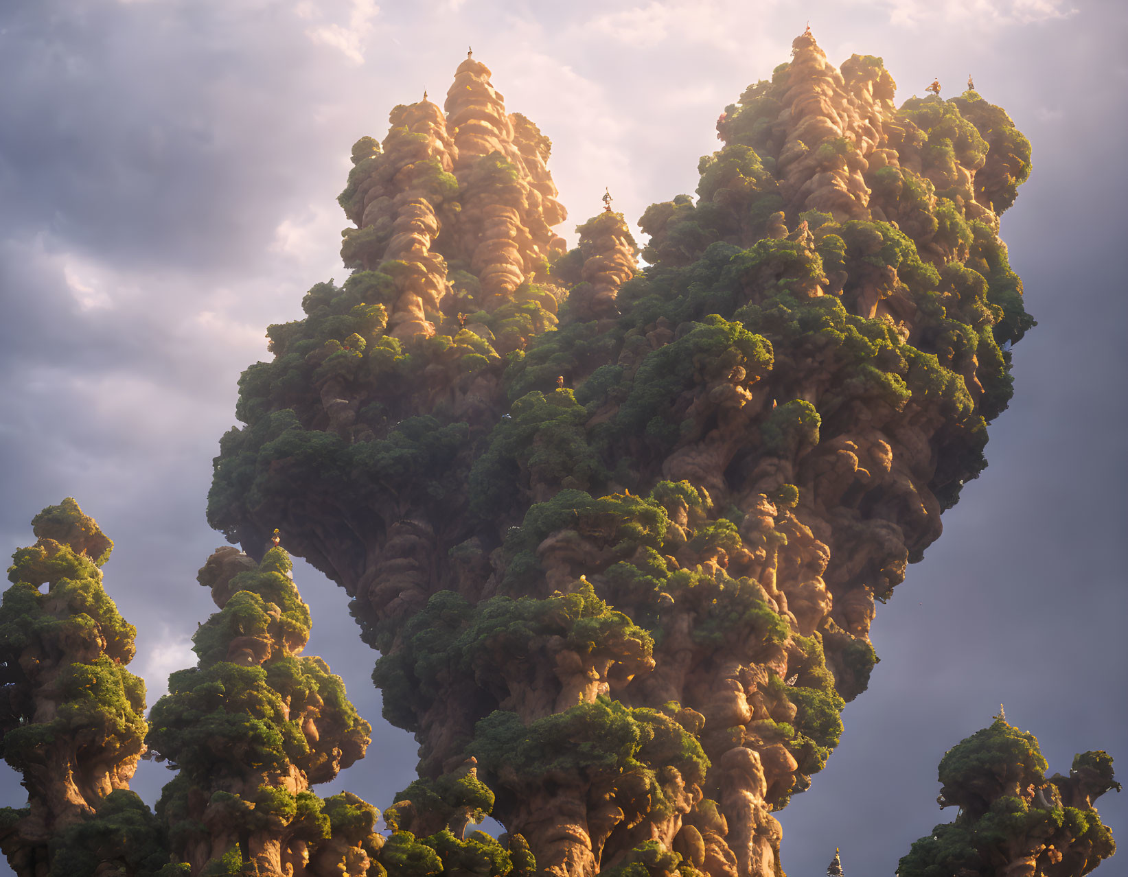 Towering Trees with Lush Green Canopies under Golden Sunlight