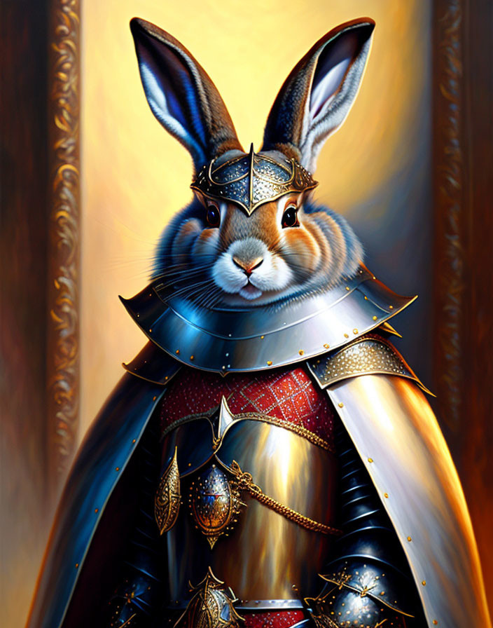 Medieval knight armor rabbit illustration on warm background
