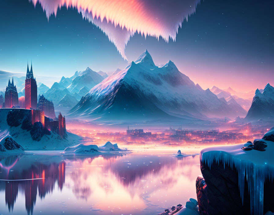 Snowy Mountain Range Castle in Ethereal Sky Over Reflective Icy Surface