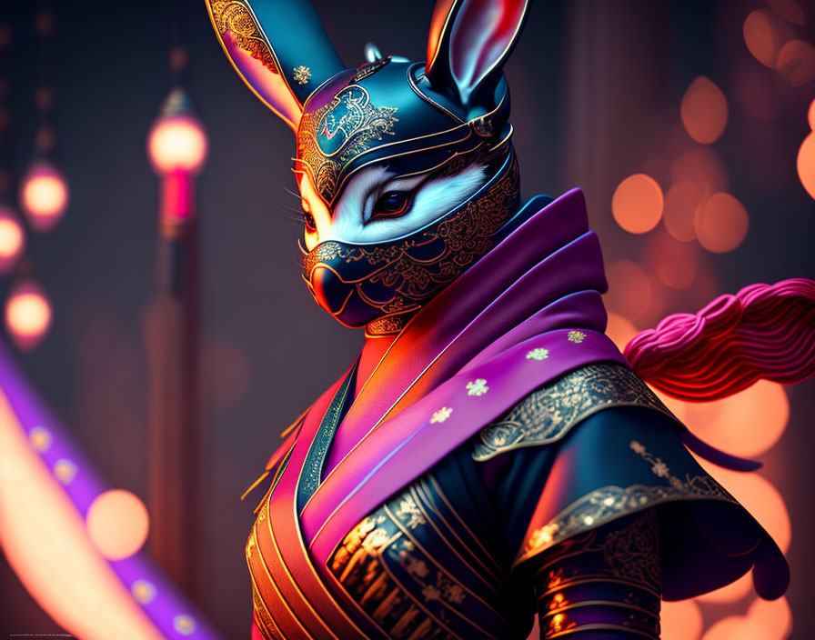 Detailed Stylized Anthropomorphic Rabbit in Traditional Asian Attire