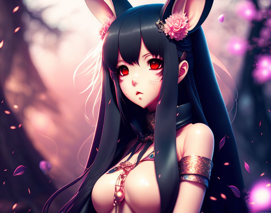 Long black hair, red eyes, bunny ears in pink floral setting