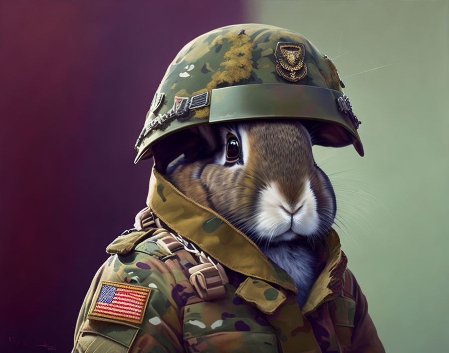 Rabbit in military gear with American flag patch