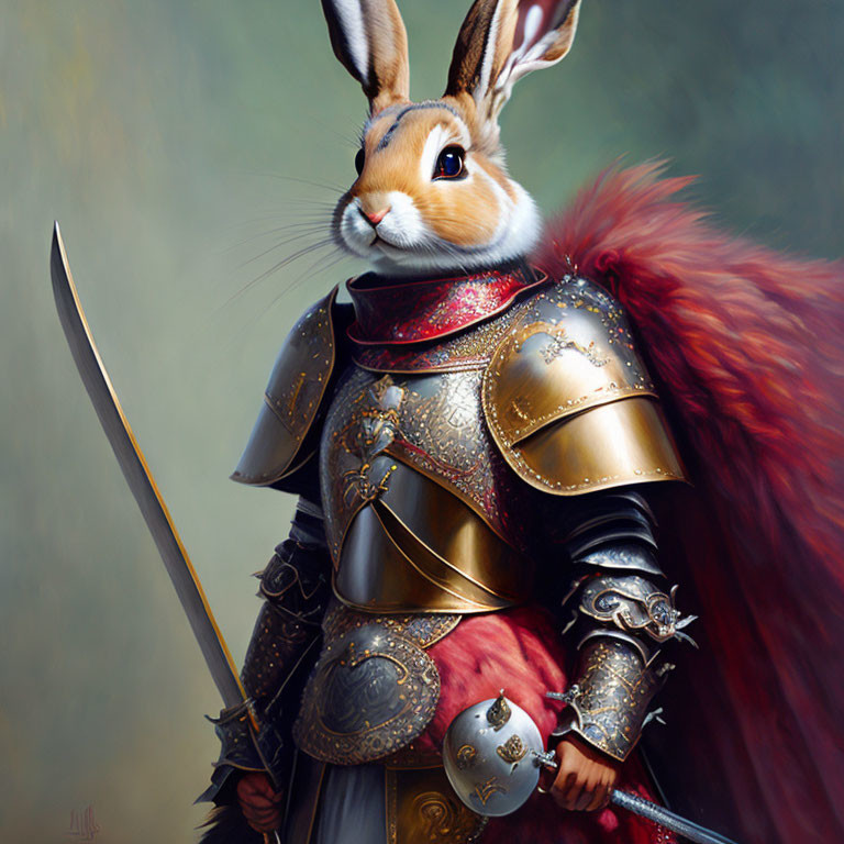Anthropomorphic rabbit in medieval armor with sword and red cape