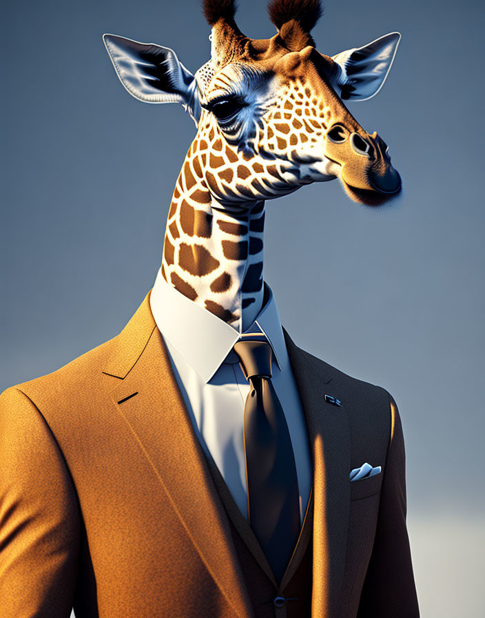 Giraffe with human body in brown suit and tie - quirky and whimsical character