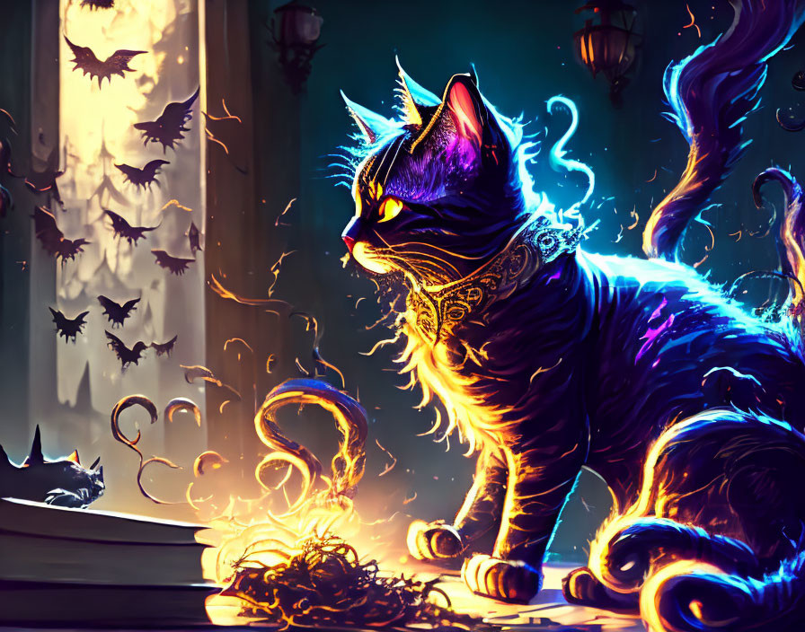 Mystical cat with glowing blue outlines beside a book in magical setting