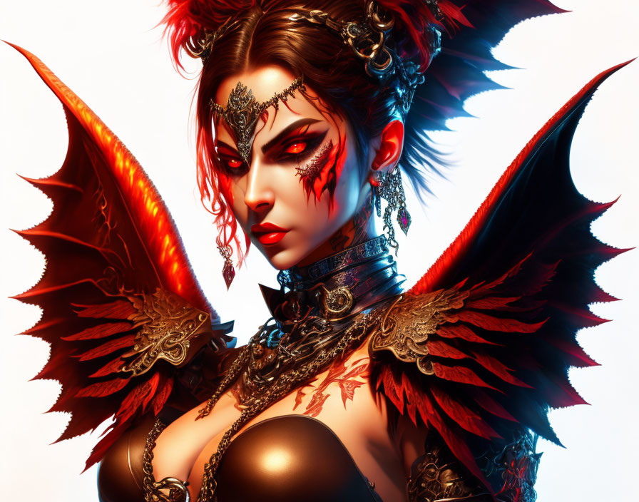 Dark fantasy female character with angelic wings, red facial markings, and ornate armor.