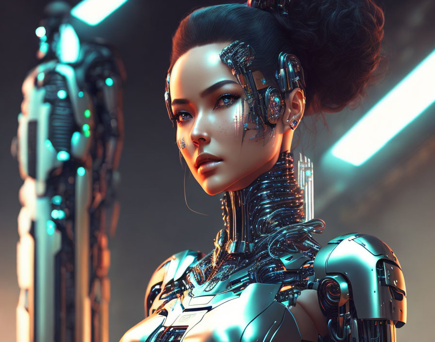 Futuristic female android with cybernetic implants in serene expression