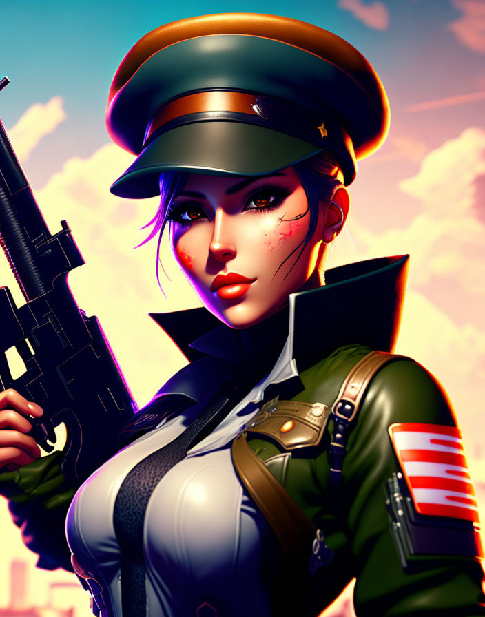 Animated female character in military uniform with rifle against vibrant sky.