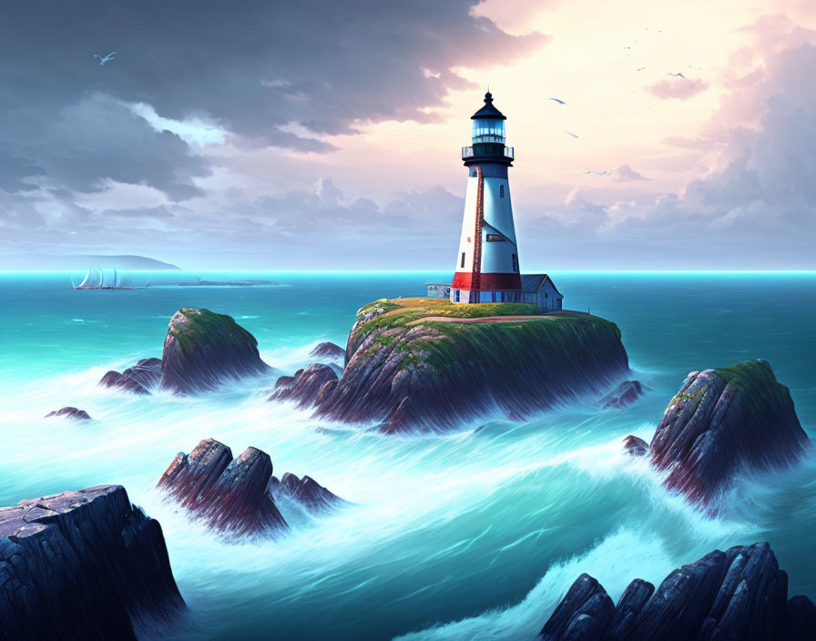 Illustration of lighthouse on rocky island in turbulent seas at dusk