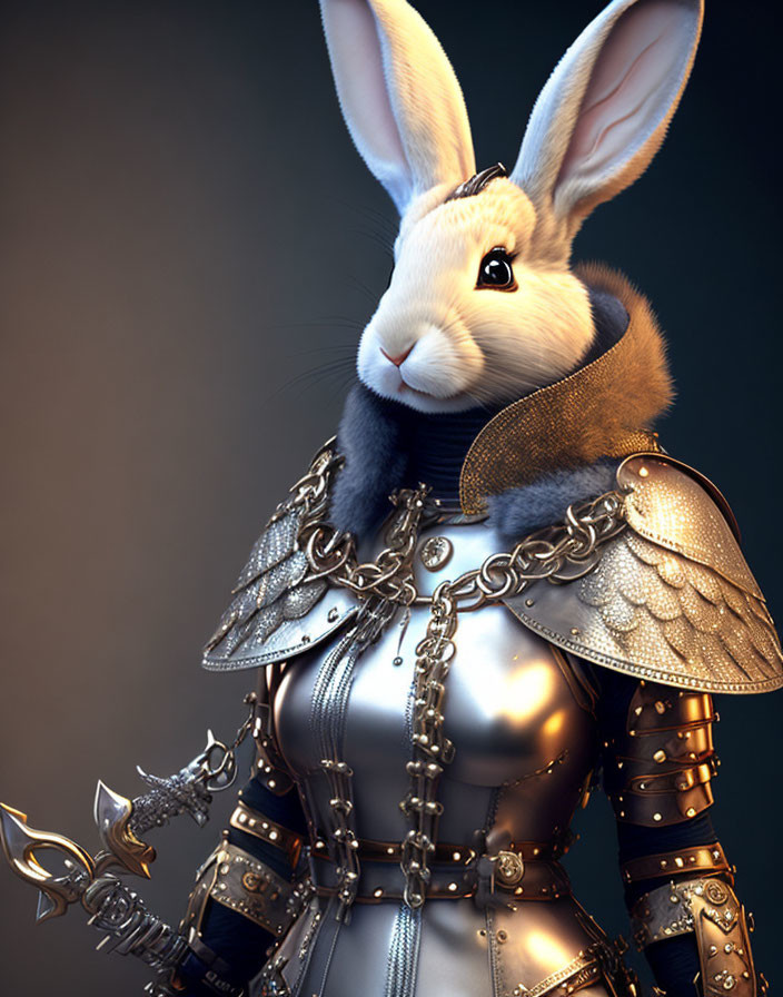 Detailed digital illustration: anthropomorphic rabbit in medieval armor