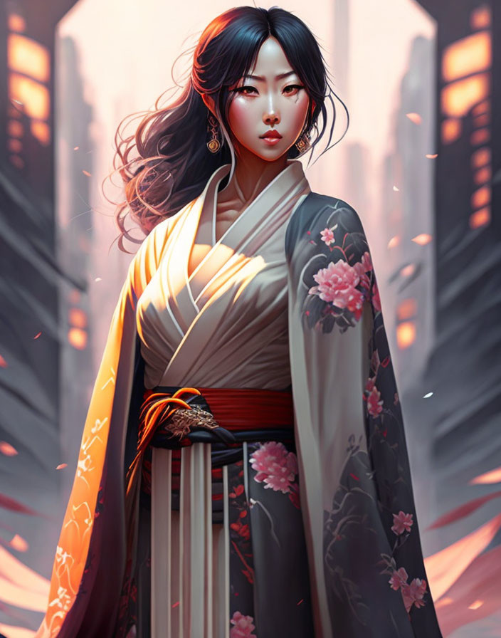 Illustrated woman in traditional Asian attire with floral patterns, cityscape background