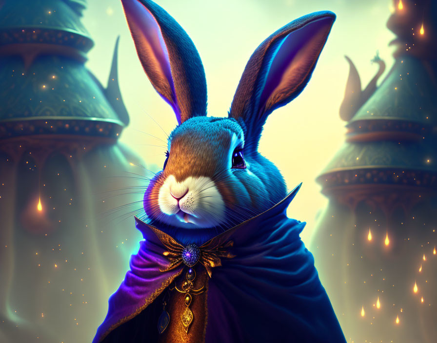 Majestic rabbit in purple and gold regalia with fantasy towers in soft glow