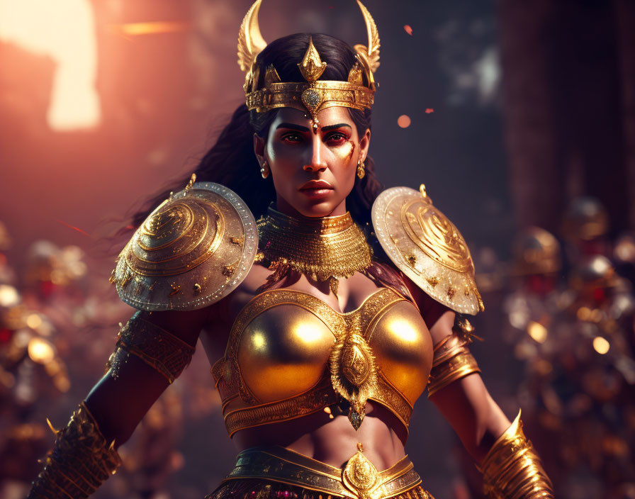 Elaborate golden armor warrior woman ready for battle