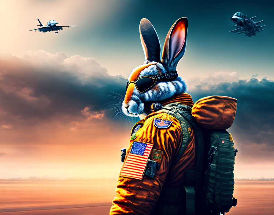 Anthropomorphic rabbit in pilot's uniform with aviator glasses against dramatic sky.