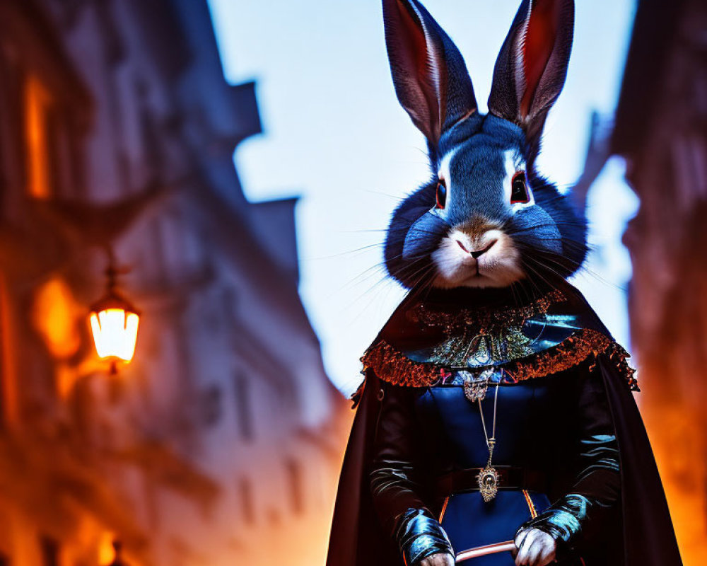 Person in Rabbit Mask Stands on Street at Dusk